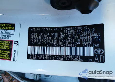 2010 Toyota Corolla S из США, поврежденный, VIN 2T1BU4EE5AC490645